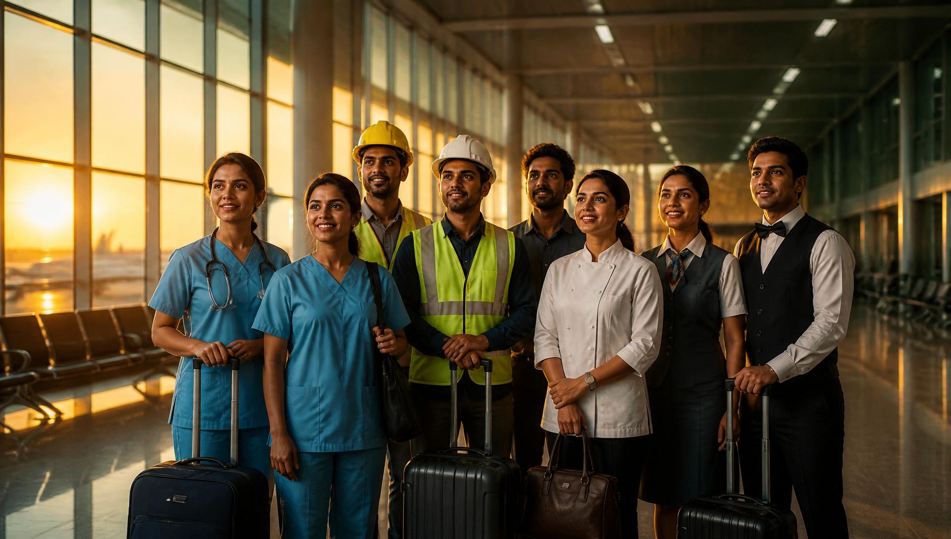 Sri Lankan nurses, construction workers, and hospitality staff preparing for overseas careers at an airport departure hall